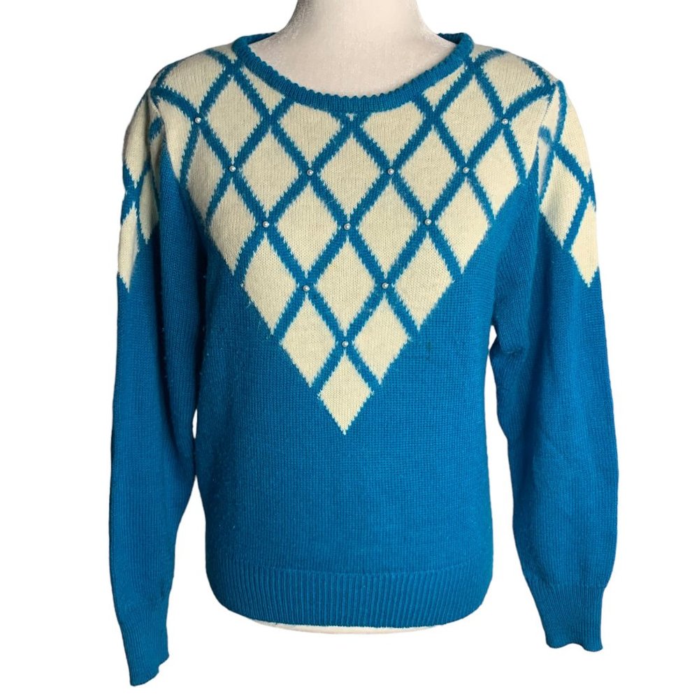 Vintage Miller Wool Angora Blend Sweater L Blue Knit Beaded Pullover Ribbed Trim